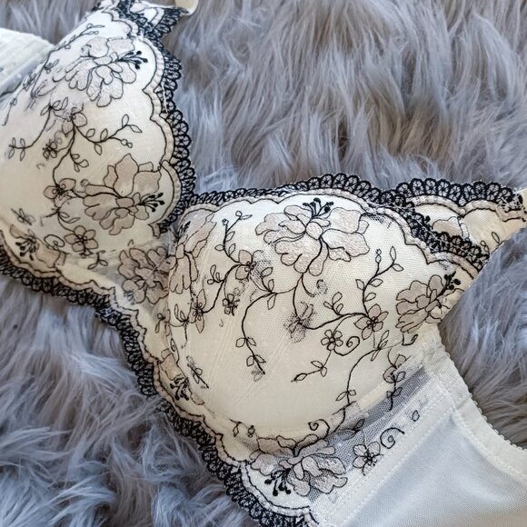 Elegant cream embroidered floral lace bra with black trim - Picture 3 of 3